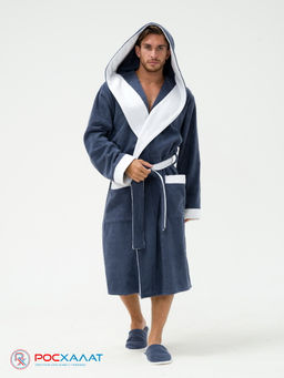 Мужской махровый халат с капюшоном с белой отделкой серый+белый МЗ-05-1 (84)