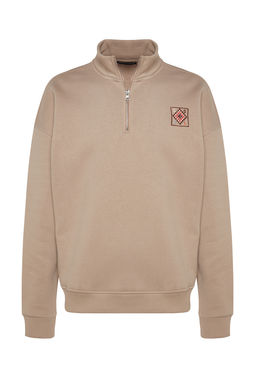 TRENDYOL MAN Vizon Oversize/Genis Kesim Fermuarl? Nak?s Detayl? Ici Polar/S?cak Tutan Sweatshirt TMNAW24SW00132 - Trendyolmilla фото 7
