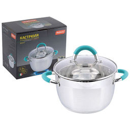 Кастрюля BRAVO, объем 2,9 л, из нерж стали с крышкой стекл., размер 18*11,5 см арт.005429