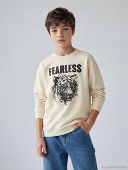 Bisiklet Yaka Bask?l? Erkek ?ocuk Sweatshirt