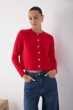 K?rm?z? Duz Dugme Detayl? Crop Premium/Ozel Iplik Triko H?rka TWOAW26HI00094