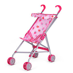 Коляска для кукол металлическая, складная, прогулочная с козырьком, цвет розовый с клубничкой.