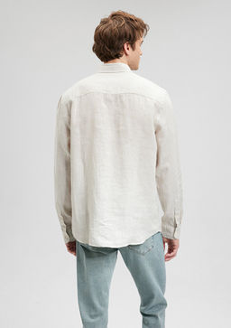 Bej Keten Gomlek - Mavi фото 4