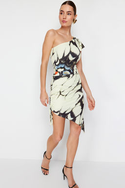 Limited Edition Cok Renkli Bask?l? Midi Asimetrik Yaka Esnek Orme Kalem Elbise TWOSS24EL00565 - Trendyolmilla фото 6