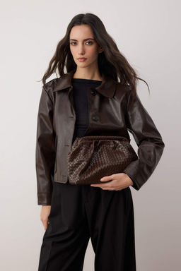 Kahverengi Orgu Desenli Cift Kullan?ml? M?knat?s Kapamal? El ve Omuz Kad?n Canta