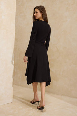 Siyah Belden Ac?lan Bisiklet Yaka Volanl?/F?rf?rl? Uzun %100 Pamuk Orme Elbise TWOSS26EL00022 - Trendyolmilla фото 4