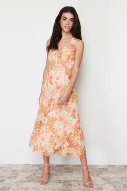 Cok Renkli Cicekli Cicek Bask?l? V Yaka Tul Esnek Orme Elbise TWOSS24EL00384