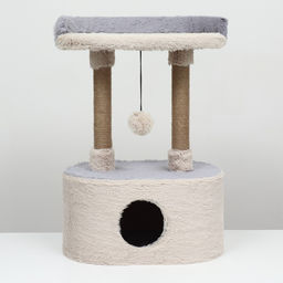 Домик для кошек с когтеточкой, с овальной полкой, 54 х 34 х 80 см, пушистый мех, джут, серый - Пижон фото 2