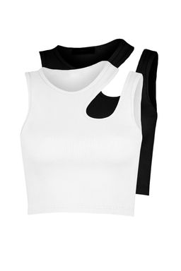 Trendyolmilla Siyah-Beyaz 2li Paket Cut Out Detayl? Fitted Crop Fitilli Esnek Orme Atlet TWOSS23AL00006  фото 9