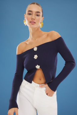 Lacivert Cicek Dugmeli Kay?k Yaka Kazak TWOSS25KZ00000