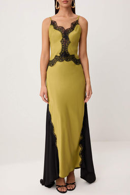 Yag Yesil Dokuma Saten Dantelli Maxi Elbise TPRSS26EL00311 - Trendyolmilla фото 3