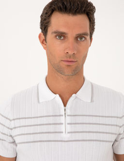 Beyaz Slim Fit %100 Pamuk Fermuarl_ Polo Yaka Triko T-shirt