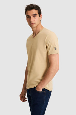 Erkek Regular Fit V Yaka Bej Basic Ti__rt