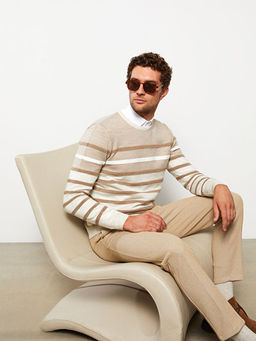 Bisiklet Yaka Uzun Kollu ?izgili Erkek Triko Kazak