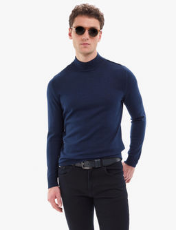 A__k Lacivert Slim Fit Yar_m Bal_k__ Yaka Basic Triko Kazak