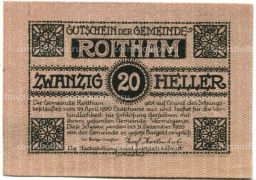 Банкнота 20 геллеров 1920 года Австрия  Ройтам (нотгельд)