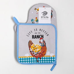 Кухонный набор Этель Chicken Ranch: варежка-прихватка 20х28 см, прихватка 19х19 см, 100% хлопок  фото 6