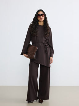 Y?ksek Bel ?izgili Geni? Pa?a Kad?n Pantolon