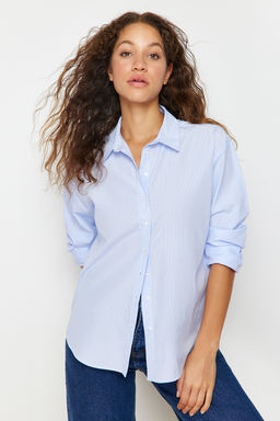 Ac?k Mavi Loose Fit Pamuklu Dokuma Gomlek TWOAW20GO0107
