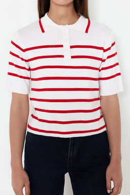 Ekru Premium Kalite Polo Yaka Cizgili Triko Kazak TWOSS24KZ00048 - Trendyolmilla фото 12