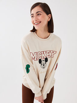 Bisiklet Yaka Mickey Mouse Bask?l? Uzun Kollu Oversize Kad?n Sweatshirt