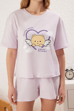 Trendyolmilla Lila %100 Pamuklu Bask?l? Sortlu Orme Pijama Tak?m? THMSS25PT00198