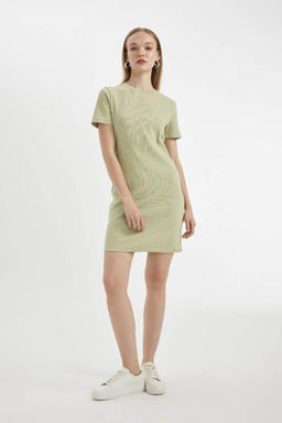 Мини-платье Bodycon с круглым вырезом в рубчик и короткими рукавами - Defacto фото 2