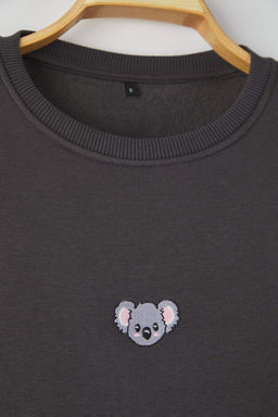 Antrasit Bisiklet Yaka Oversize/Genis Kesim Ici Polarl? Penguen Nak?s Sweatshirt TMNAW24SW00064