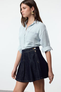 Lacivert Pileli Yuksek Bel Mini Denim Etek TWOAW25ET00114 - Trendyolmilla фото 2