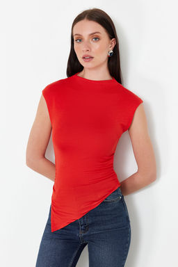 Trendyolmilla Ekru Dik Yaka K?sa Kollu Buzgu/Drape Detayl? Fitted/Vucuda Oturan Asimetrik Orme Bluz TWOSS24BZ00534
