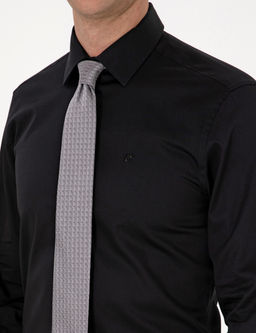 Siyah %100 Pamuk Parlak Saten Slim Fit Uzun Kollu Basic G_mlek
