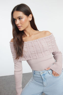 Pudra Yumusak Dokulu Carmen Yaka Ak?tma Detayl? Triko Kazak TWOAW25KZ00228 - Trendyolmilla фото 2