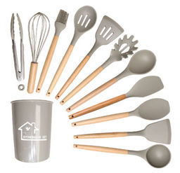 Кухонный набор 12 предметов в подставке/ ZPA-102 /уп 16/ приборы силикон/дерево /0,960/хаки