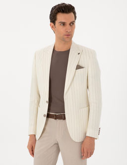 Ekru Slim Fit Y_n Keten Kar___ml_ _izgili K_rlang__ Yaka Ceket