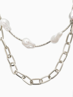 Колье "Жемчуг" борокко, цепь, 2 яруса, цвет белый в серебре