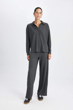 Женская антрацитовая повседневная футболка с воротником поло в рубчик и длинными рукавами - Defacto фото 2