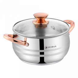 "Zeidan" "Lisbon" Кастрюля из нержавеющей стали 2,0л, д16см, стеклянная крышка, ручки на корпусе и крышке "под золото", 3-x слойное капсулированное индукционное дно, комбинированная полировка снаружи, матовая полировка внутри, подарочная упаковка (Ки