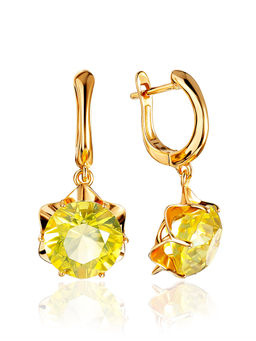 Позолоченные серьги-подвески с натуральным янтарём с ручной огранкой Баккара