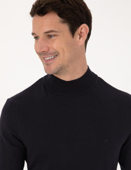 Lacivert Slim Fit Pamuk Kar___ml_ Yar_m Bal_k__ Yaka Basic Triko Kazak