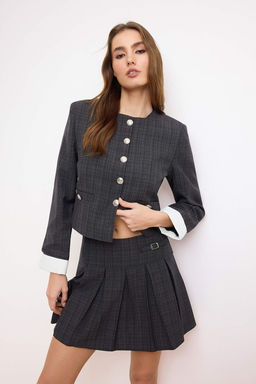 Antrasit Ekoseli Deri Aksesuar Detayl? Piliseli Mini Etek TWOSS26ET00031 - Trendyolmilla фото 2