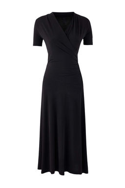 Siyah A-Kesim/Can Form Kruvaze K?sa Kollu Buzgulu Maxi Esnek Orme Elbise TWOSS26EL00023