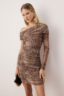 Koyu Kahverengi Kay?k Yaka Leopar Desenli Tul Astarl? Orme Elbise TPRAW26EL00066