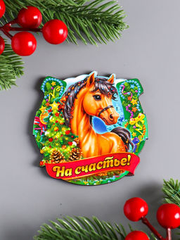 Цена за 3 шт. Магнит на холодильник «Новогодняя подкова с конём. На счастье», 7×7 см