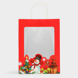 Пакет подарочный бумажный с окном «Снеговик» 26×35×16 см, крафт красный