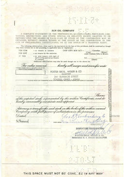 Сертификат передаточный на 3 акции SUN OIL COMPANY 1969 года США