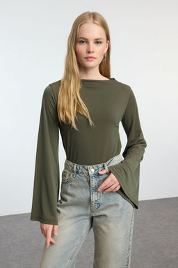 Haki Relaxed/Rahat Kal?p Ispanyol Kol Esnek Orme Bluz TWOAW25BZ00203
