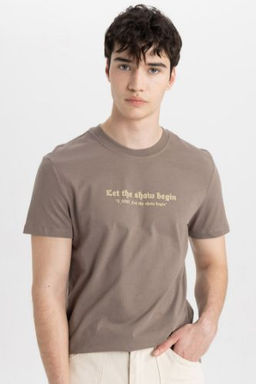 Slim Fit Dar Kesim Bisiklet Yaka Bask?l? K?sa Kollu Tisort
