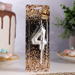 Свеча в торт «Европейская», цифра 4, 6 см, серебро