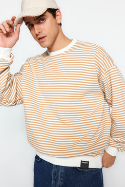 TRENDYOL MAN Siyah Oversize/Genis Kesim Cizgili Ici Polar/S?cak Tutan Sweatshirt TMNAW24SW00065