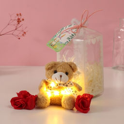 Набор подарочный Мишка беж с бантом, мыльные красные розы 5 шт., роса, 7?7?12 см